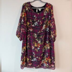 Cato 22/24W Chiffon Floral Plaid Boho Tunic Dress Burgundy Multicolor 3/4 Sleeve